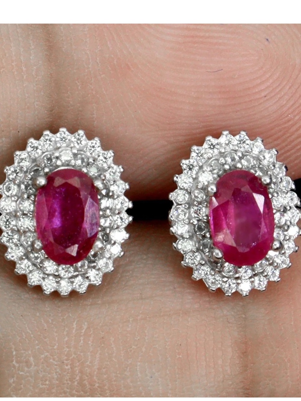 14K / 925 white gold oval Ruby and CZ Halo Stud Earrings NEW